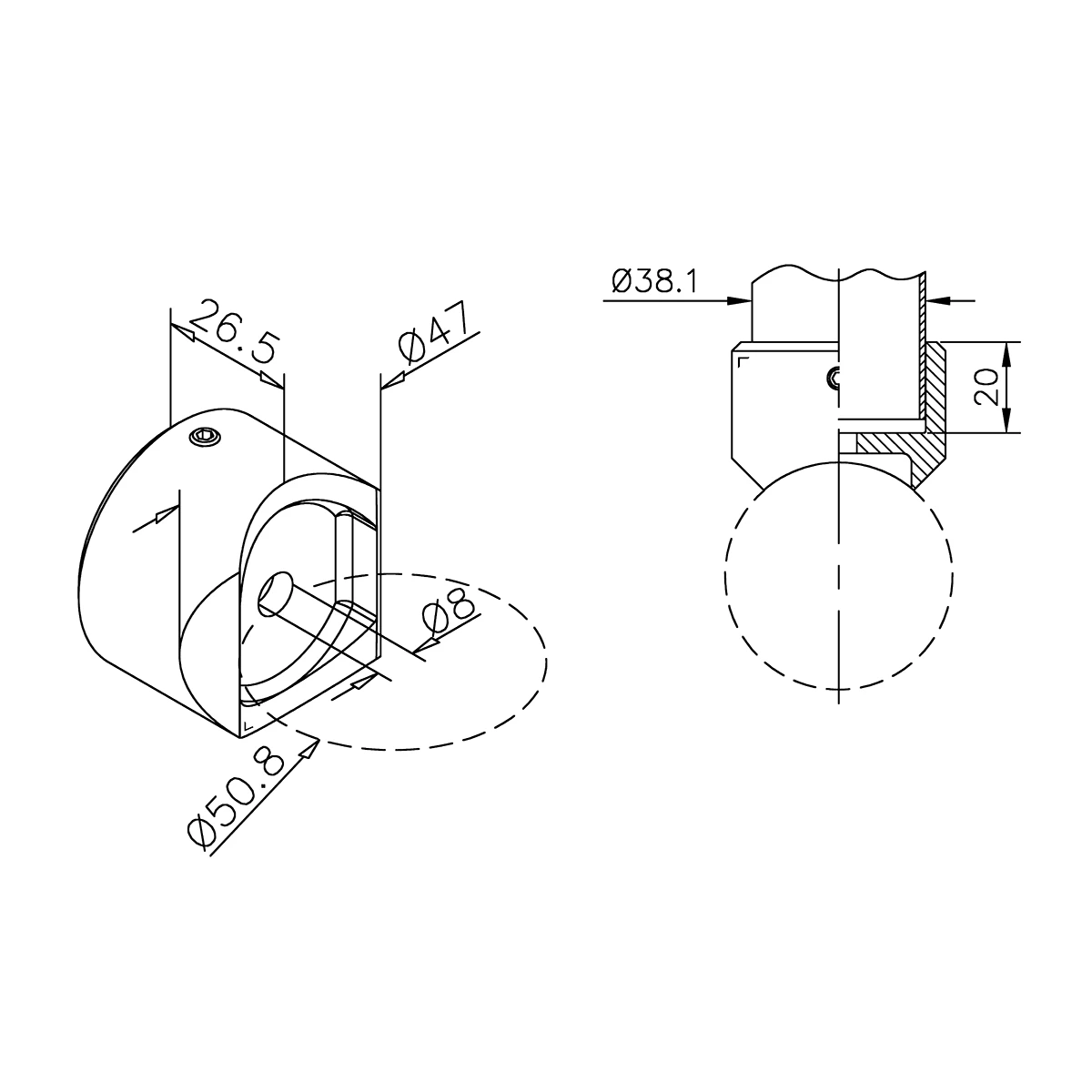 Rohradapter für Rohr Ø 38,1 mm auf 50,8 mm, 120724050xx