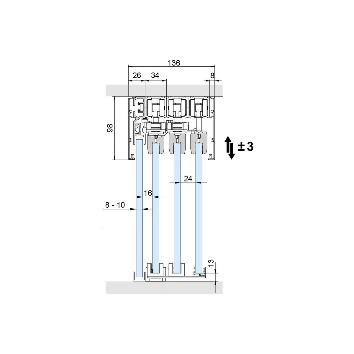 Teleskopisches Schiebetürsystem, 3-läufig, 2913x30x046