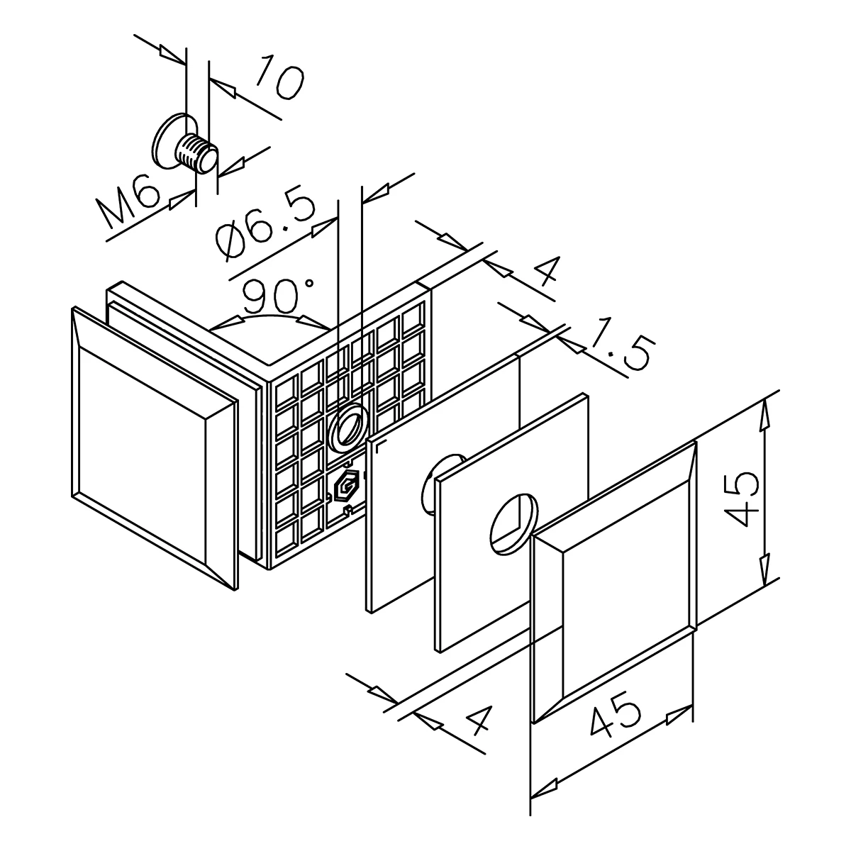 Glasverbinder 90°, eckig, 404012090xx