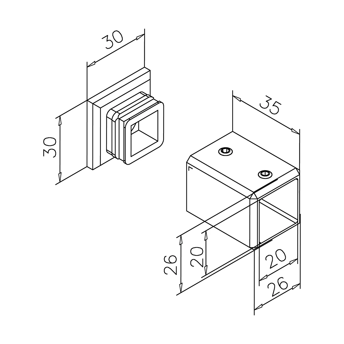 Wandflansch 90° für Vierkantrohr 20 x 20 mm, 400515420xx