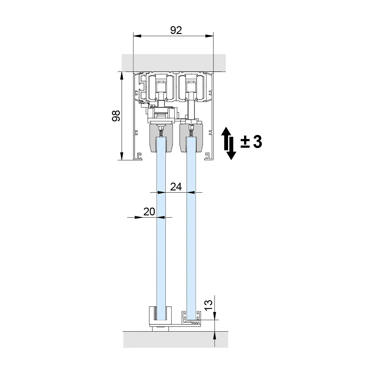Teleskopisches Schiebetürsystem, 2-läufig, 2913x20x046