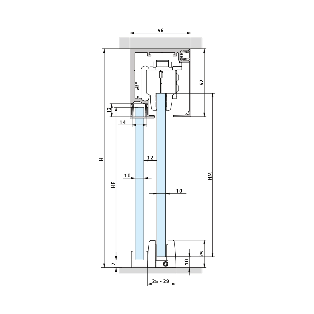 Zeichnung der Deckenmontage für Festglas der Schiebetür Sina