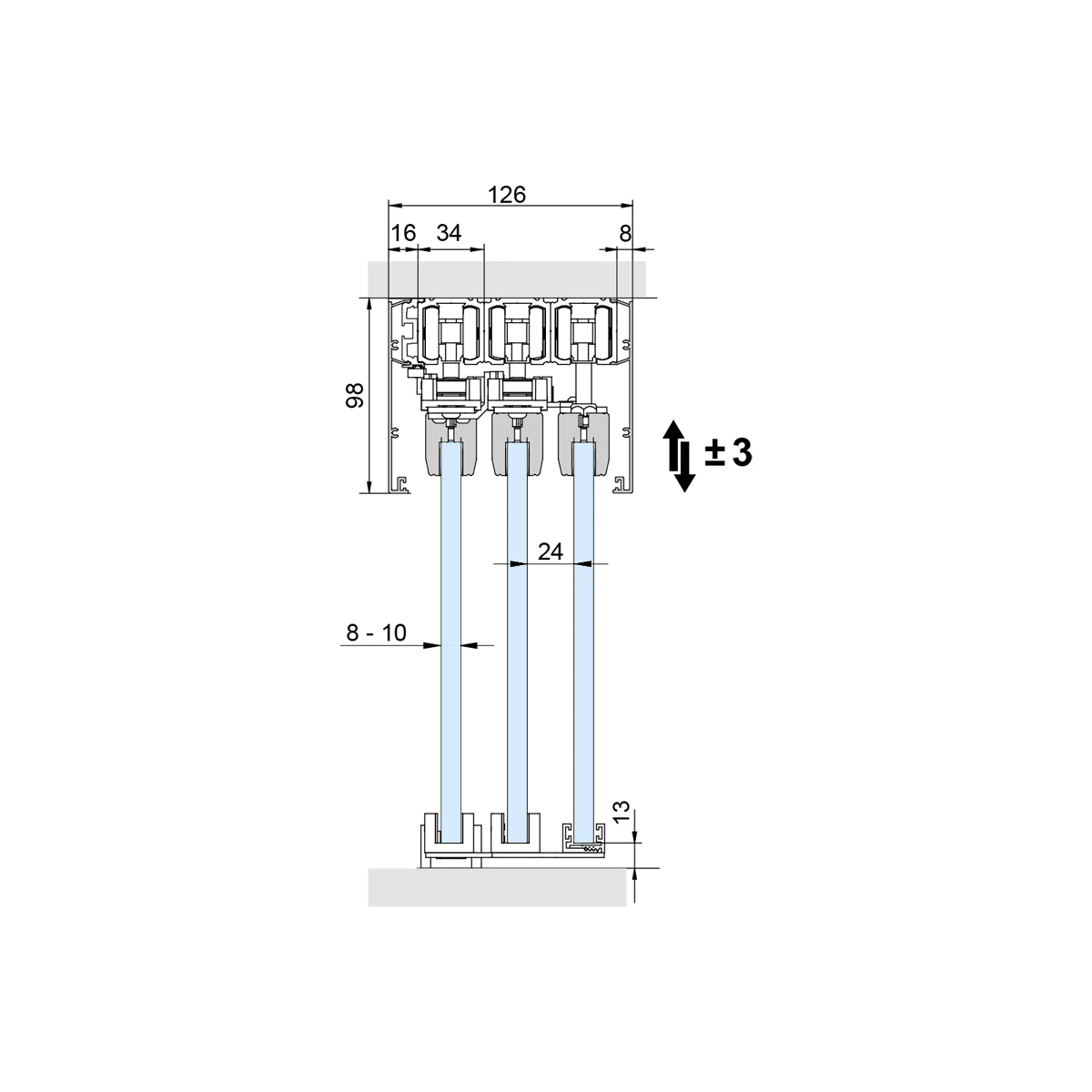 Teleskopisches Schiebetürsystem, 3-läufig, 2913x30x046