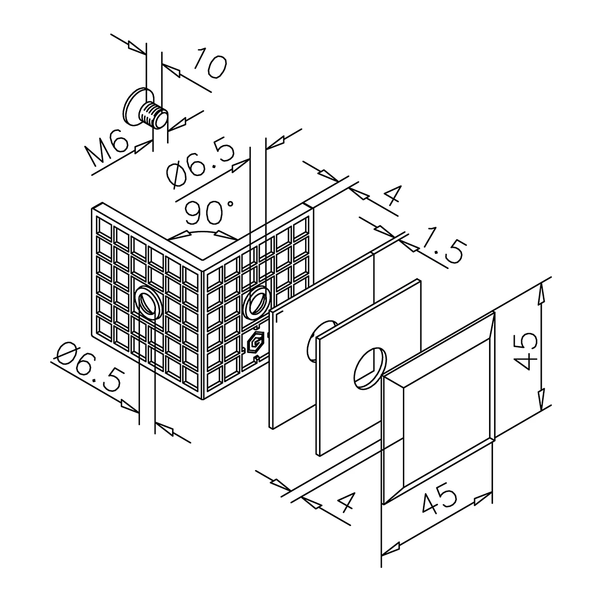Glasverbinder 90°, eckig, 404112090xx