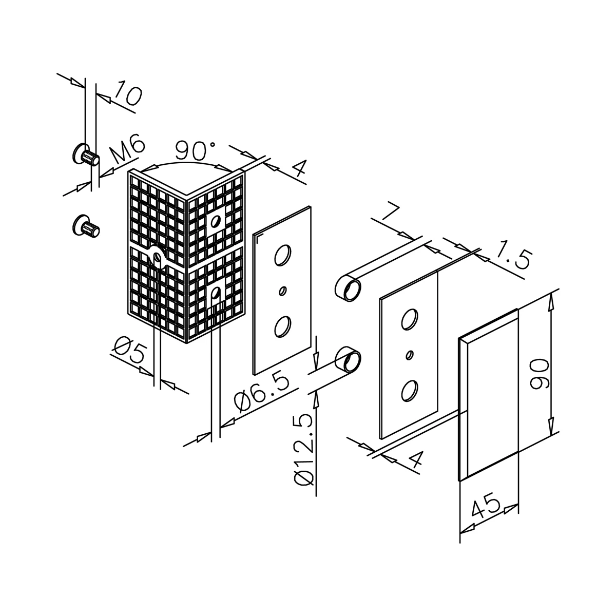 Glasverbinder 90°, eckig, 404122090xx
