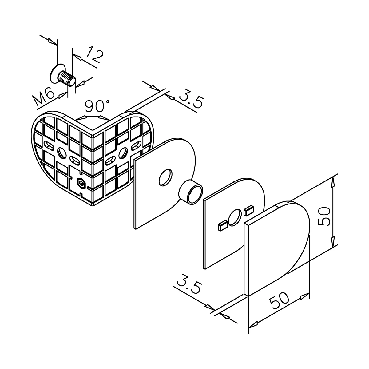 Glasverbinder 90°, abgerundet, 400102090xx