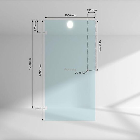 Zeichnung einer Glasscheiben Konfiguration mit Maßen für Länge, Breite und Glasausschnitte