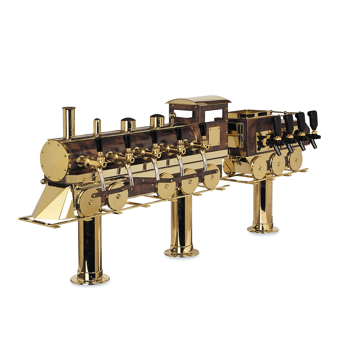 Schanksäule der Custom Linie in Form einer Lokomotive mit mehreren Zapfhähnen in Messing Design